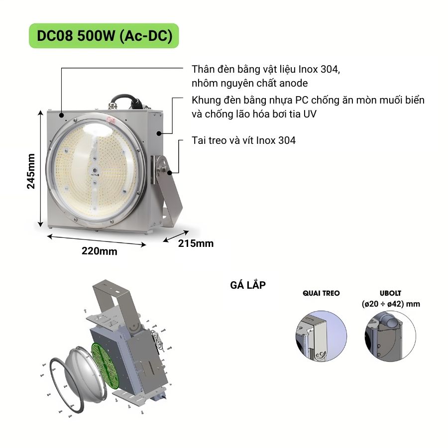 Cấu tạo của đèn LED đánh cá Rạng Đông DC08 500W