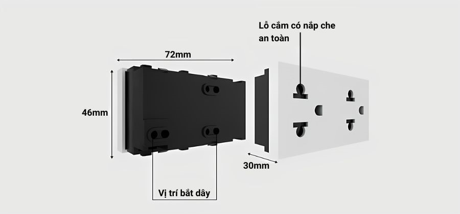 Cấu tạo của hạt ổ cắm đôi âm tường Rạng Đông HOC02 2C/16A
