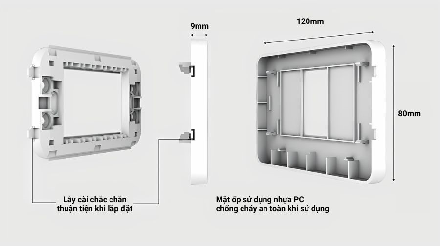 Cấu tạo mặt công tắc ổ cắm đơn âm tường Rạng Đông MOC01 80x120x9/1H