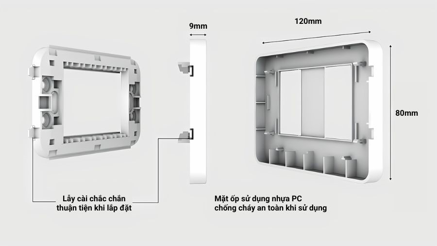Cấu tạo của mặt công tắc ổ cắm đôi âm tường Rạng Đông MOC01 80x120x9/2H
