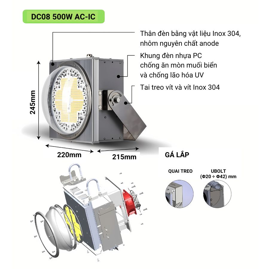 Cấu tạo của đèn LED đánh cá Rạng Đông DC08 500W AC-IC