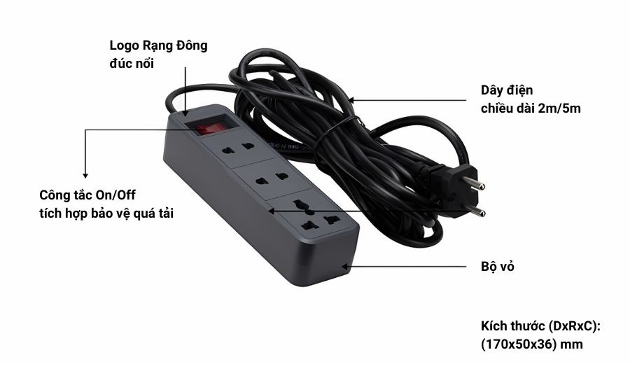 Cấu tạo của ổ cắm đa năng 2m Rạng Đông OC05.V2