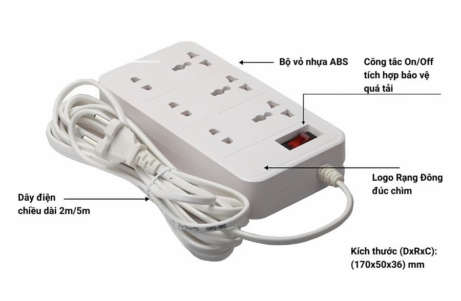 Cấu tạo của ổ cắm đa năng 2m Rạng Đông OC06 6C/2M/10A