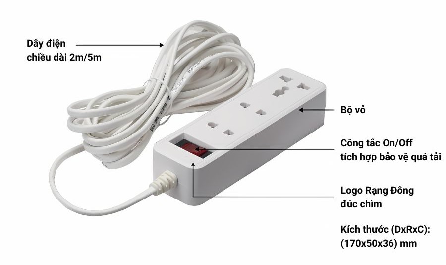 Cấu tạo của ổ cắm đa năng 2m Rạng Đông OC05 3C/2M/10A