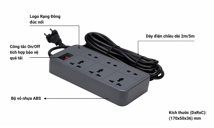 Cấu tạo của ổ cắm đa năng 5m Rạng Đông OC06.V2 6C/5M/10A