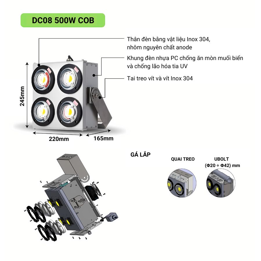 Cấu tạo của đèn LED đánh cá Rạng Đông DC08 500W COB