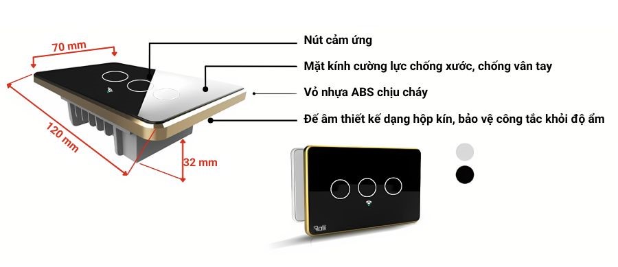Cấu tạo của công tắc cảm ứng Rạng Đông CTCU.WF CN.03T.2W.SP