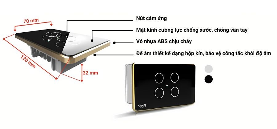 Cấu tạo của công tắc cảm ứng Rạng Đông CTCU.WF CN.04T.2W.SP