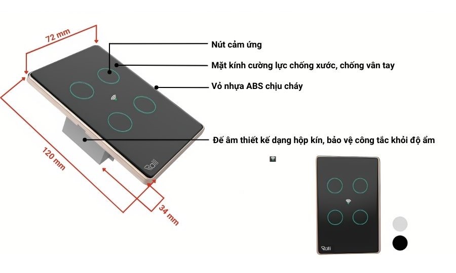 Cấu tạo của công tắc thông minh Rạng Đông CTCU.WF CN.04T MN