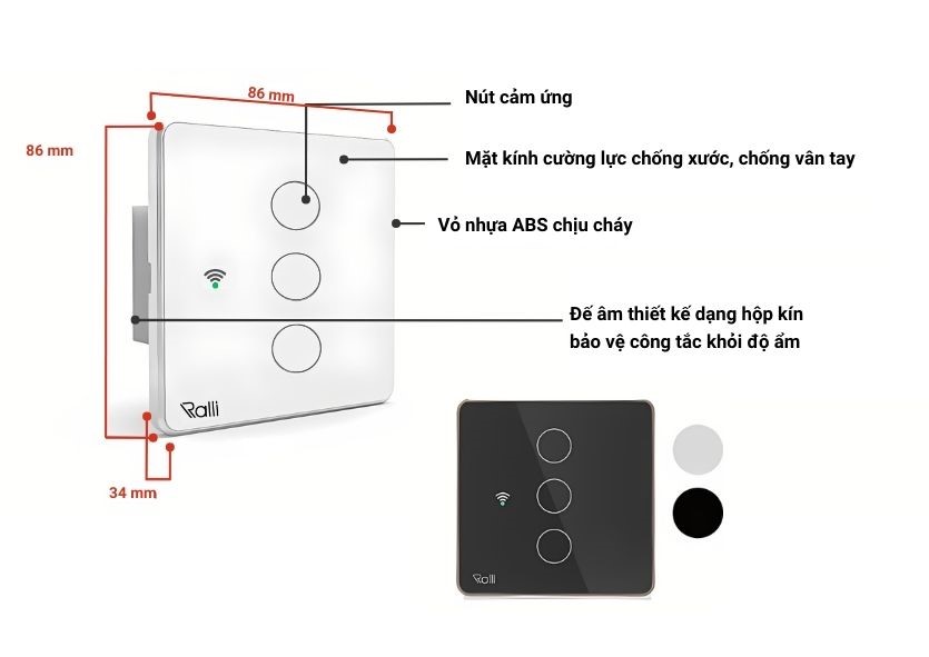 Cấu tạo của công tắc cảm ứng Rạng Đông CTCU.WF V.03T MN