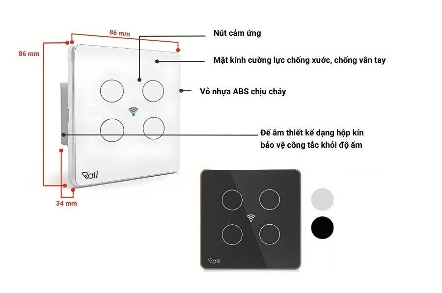 Cấu tạo của công tắc cảm ứng Rạng Đông CTCU.WF V.04T MN