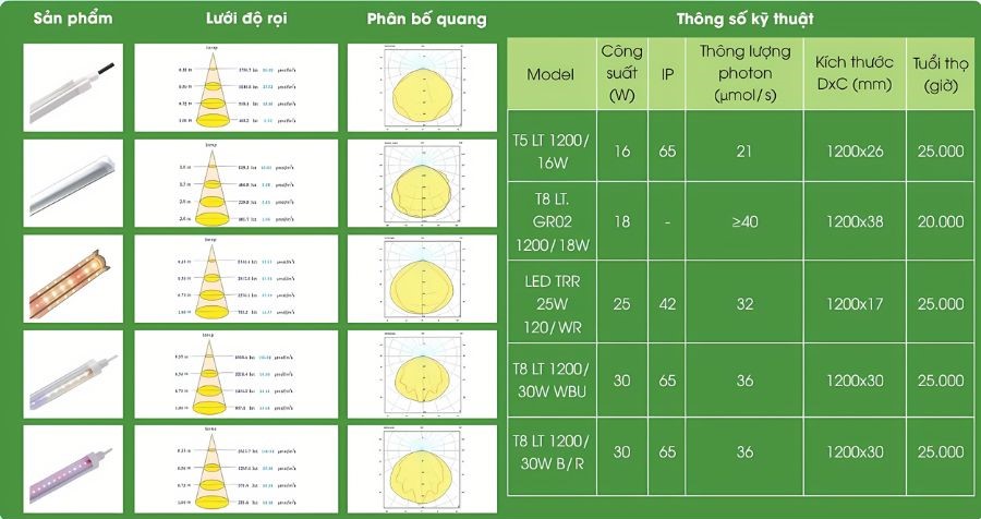 Tổng hợp đèn led trồng rau, nuôi cấy mô chuyên dụng Rạng Đông