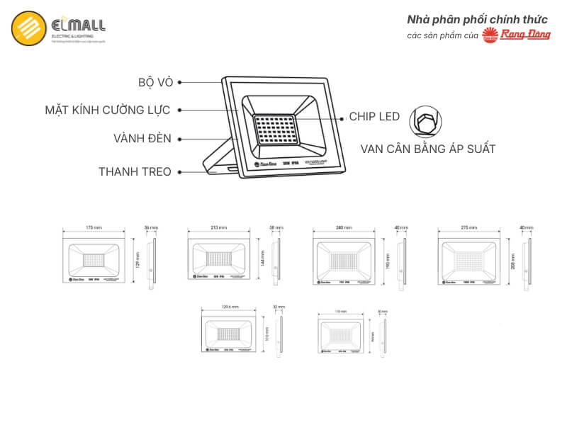 Mẫu đèn pha CP06 150W bao gồm 5 bộ phận chính liên kết chặt chẽ