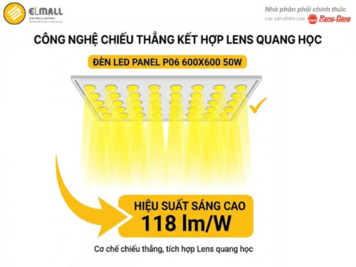 Đèn LED panel P06 600X600 50W sử dụng cơ chế chiếu thẳng tích hợp Lens quang học