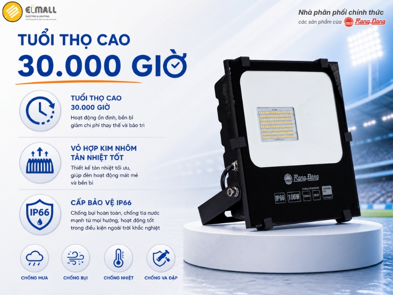 Đèn Pha LED Rạng Đông CP06 100W có tuổi thọ 30.000 giờ