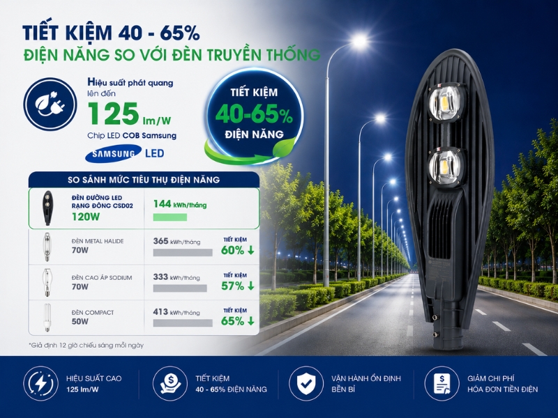Đèn Đường LED 120W tiết kiệm 40-65% điện năng