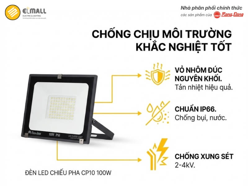 Đèn LED chiếu pha CP10 100W sử dụng vỏ nhôm đúc nguyên khối giúp tản nhiệt hiệu quả