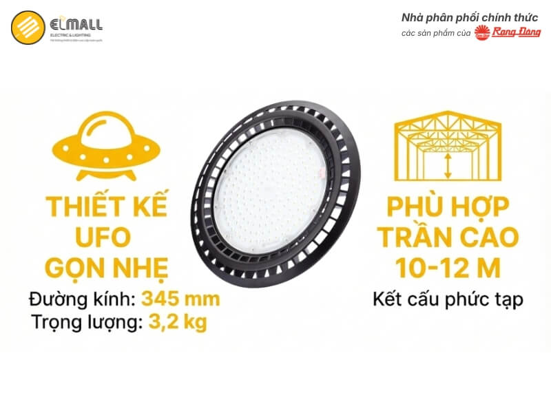 Đèn LED Highbay HB03 350/150W có đường kính 345 mm và trọng lượng 3,2 kg