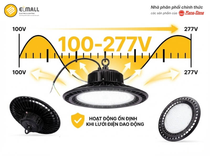 Đèn Highbay HB03 390/200W hoạt động ổn định trong dải điện áp từ 100V đến 277V