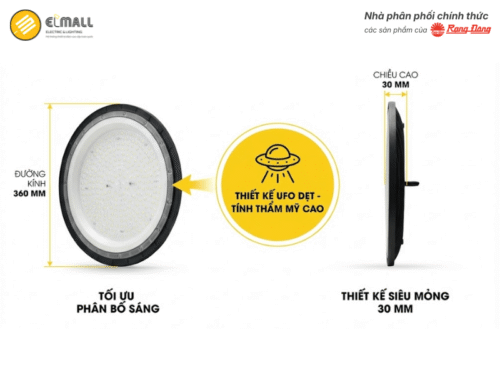 Đèn LED Highbay HB04 360/150W có chiều cao chỉ 30 mm và đường kính 360 mm