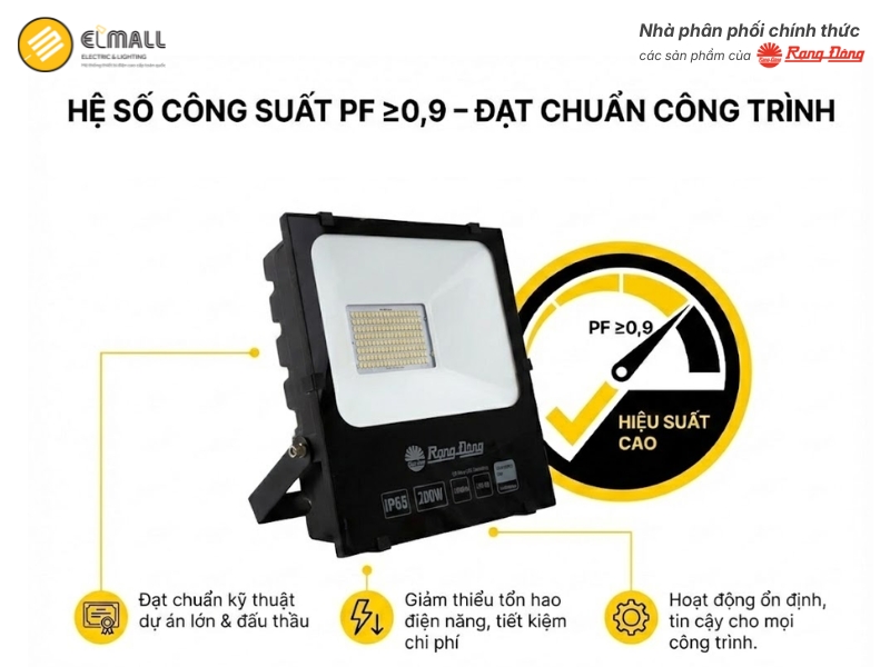 Đèn Pha LED Rạng Đông CP06 100W có hệ số công suất PF ≥0,9 phù hợp cho các dự án lớn