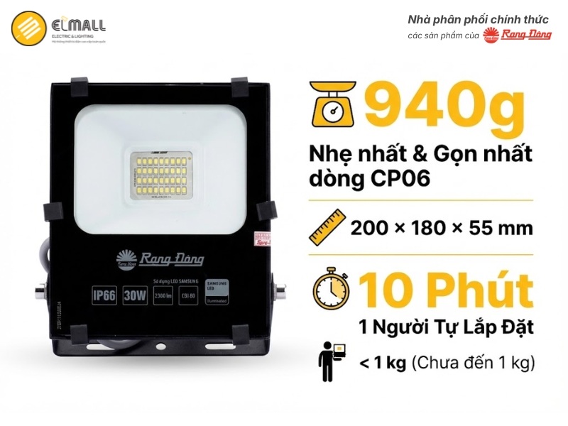 Đèn Pha LED Rạng Đông CP06 30W chỉ nặng 940g với kích thước 200 × 180 × 55 mm