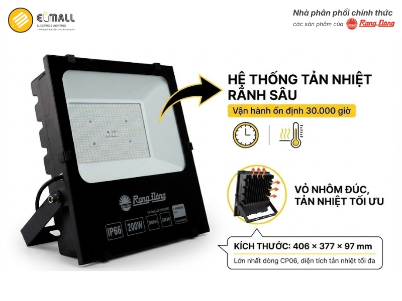 Đèn Pha LED Rạng Đông CP06 200W có vỏ nhôm đúc với hệ thống rãnh tản nhiệt thiết kế sâu