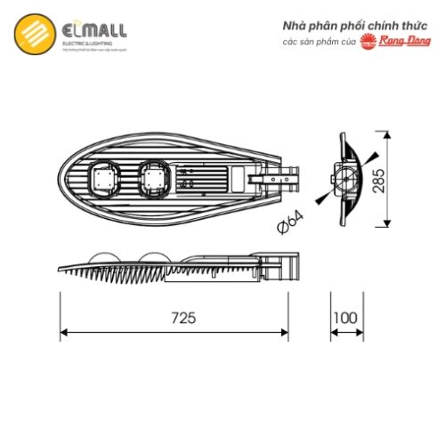 kích thước đèn đường csd02 100w