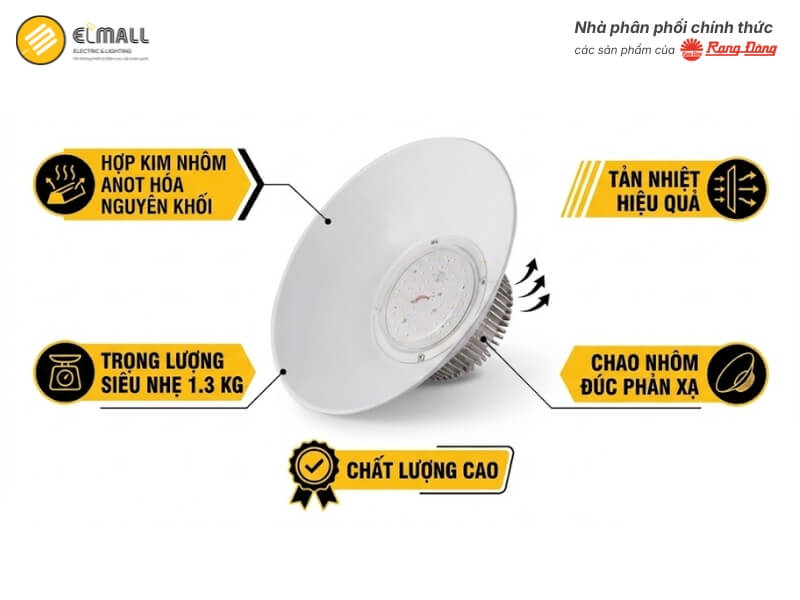 Đèn LED Nhà Xưởng Highbay HB02 350 70W sử dụng thân đèn hợp kim nhôm anot hóa