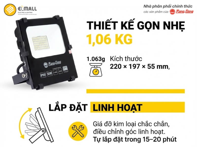 Đèn Pha LED CP06 50W nặng 1.063g với kích thước 220 × 197 × 55 mm