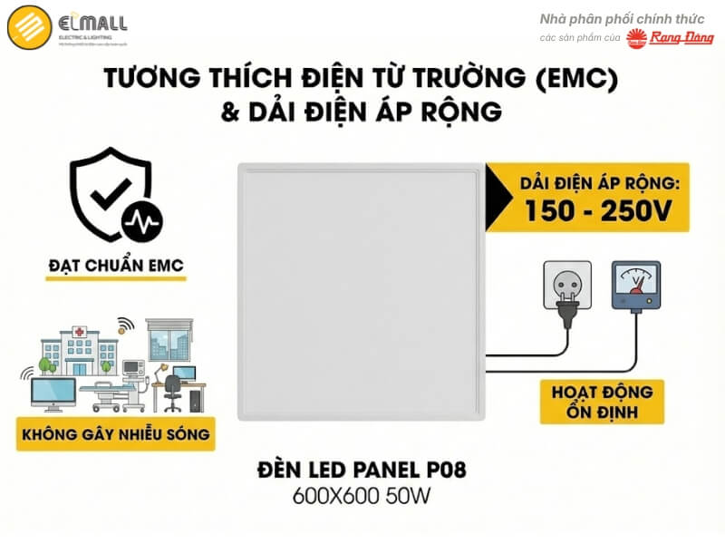 Đèn LED panel P08 600X600 50W đạt chuẩn EMC, đảm bảo không gây nhiễu sóng cho các thiết bị điện tử