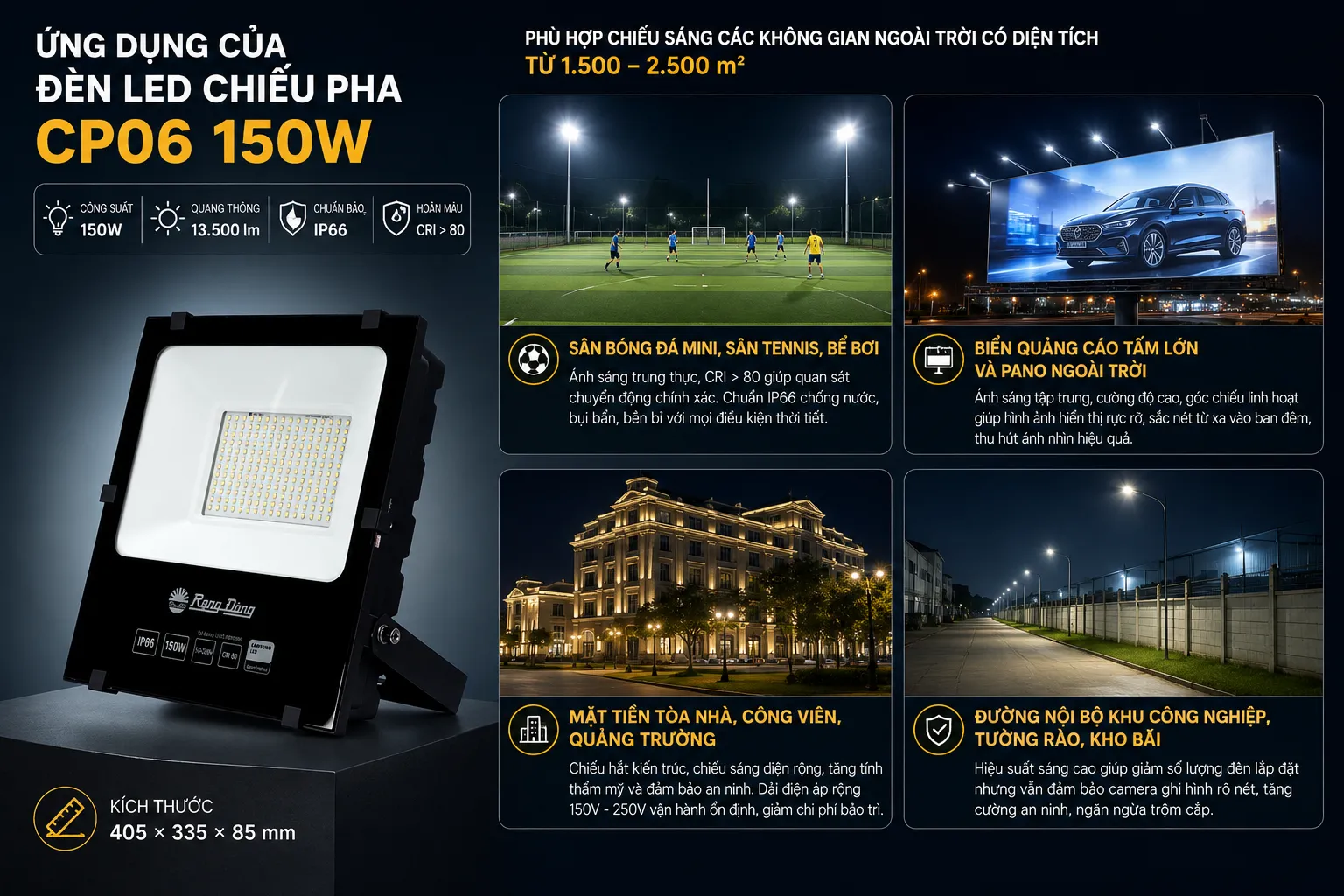 ứng dụng chiếu sáng đèn pha cp06 150w