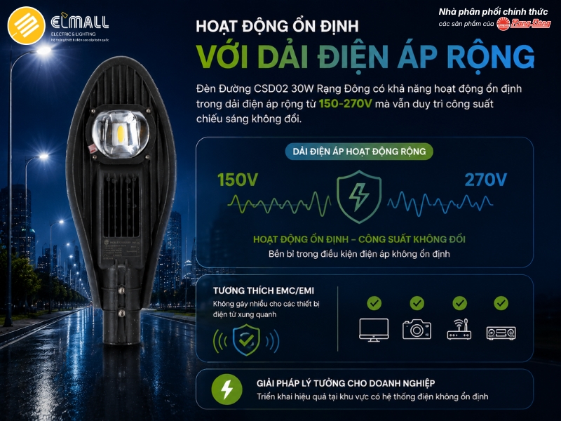 đèn đường 30w hoạt động trong dải điện áp rộng