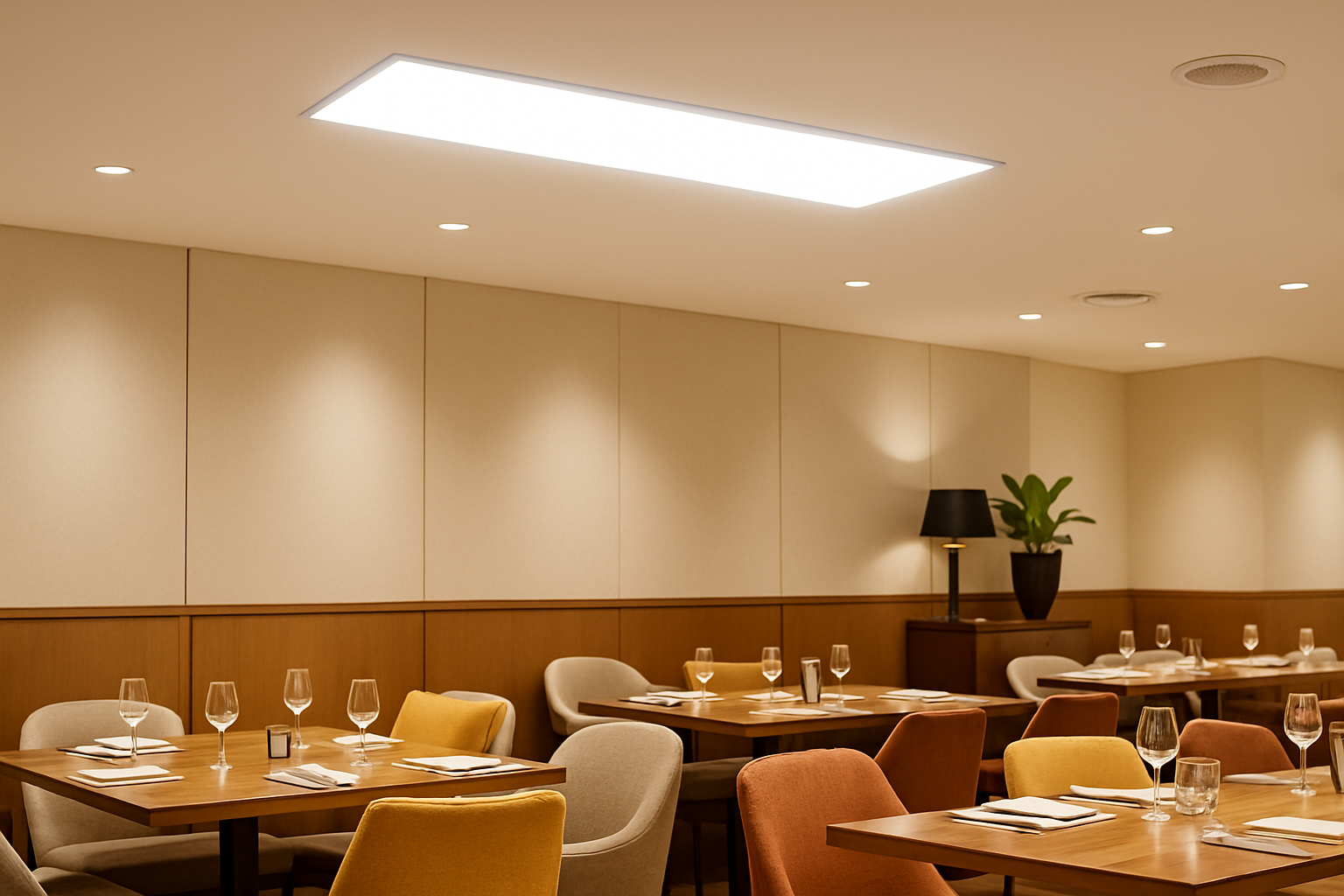 Đèn LED Panel Smart Wifi Rạng Đông D P02 30x120/40W.WF 11 Đèn LED Panel Smart Wifi Rạng Đông D P02 30x120/40W.WF lắp đặt trong nhà hàng, khách sạn