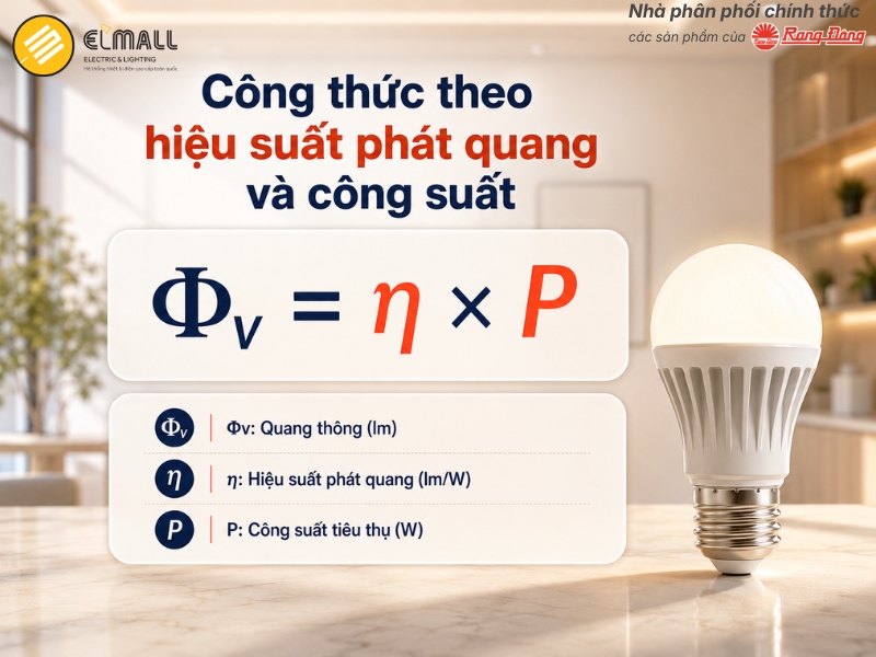 Công thức theo hiệu suất phát quang và công suất