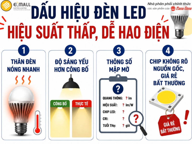 Dấu hiệu đèn LED hiệu suất thấp, dễ hao điện