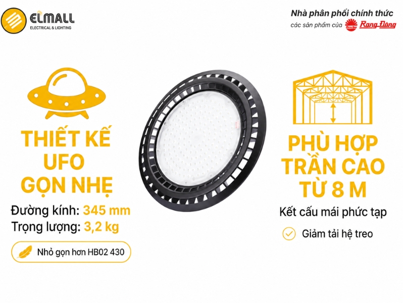 Đèn LED Highbay HB03 350/150W có đường kính 345 mm và trọng lượng 3,2 kg 