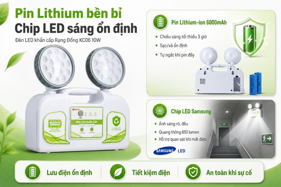 Đèn LED khẩn cấp Rạng Đông KC06 10W dùng pin Lithium-ion 6000mAh, chiếu sáng ≥3 giờ và cho ánh sáng ổn định nhờ chip LED Samsung.