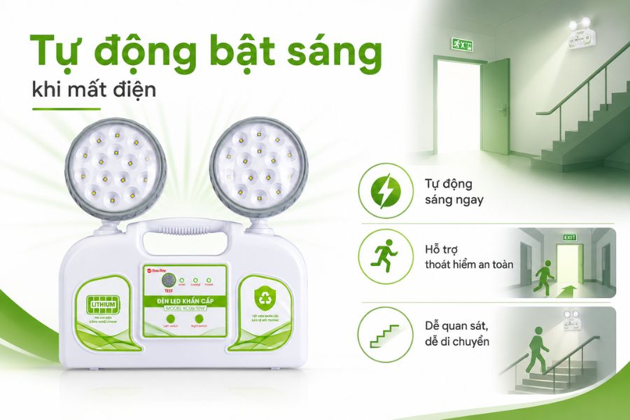 Đèn LED khẩn cấp Rạng Đông KC06 10W tự động bật sáng khi mất điện, giúp hỗ trợ quan sát lối đi và di chuyển an toàn trong tình huống khẩn cấp.