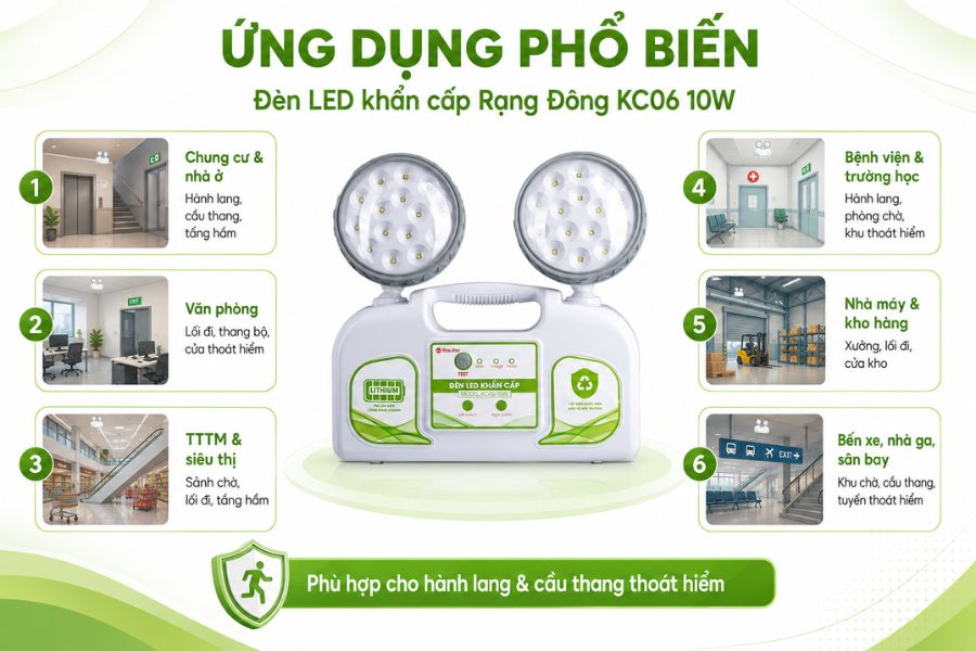 Ứng dụng của đèn LED khẩn cấp Rạng Đông KC06 10W
