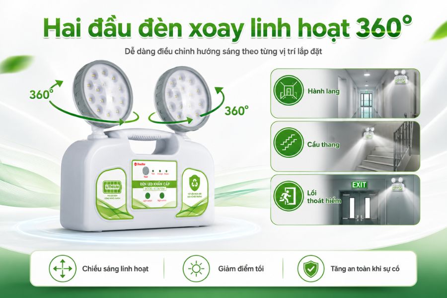 Đèn LED khẩn cấp Rạng Đông KC06 10W có hai đầu đèn xoay 360°, chiếu sáng linh hoạt hơn.